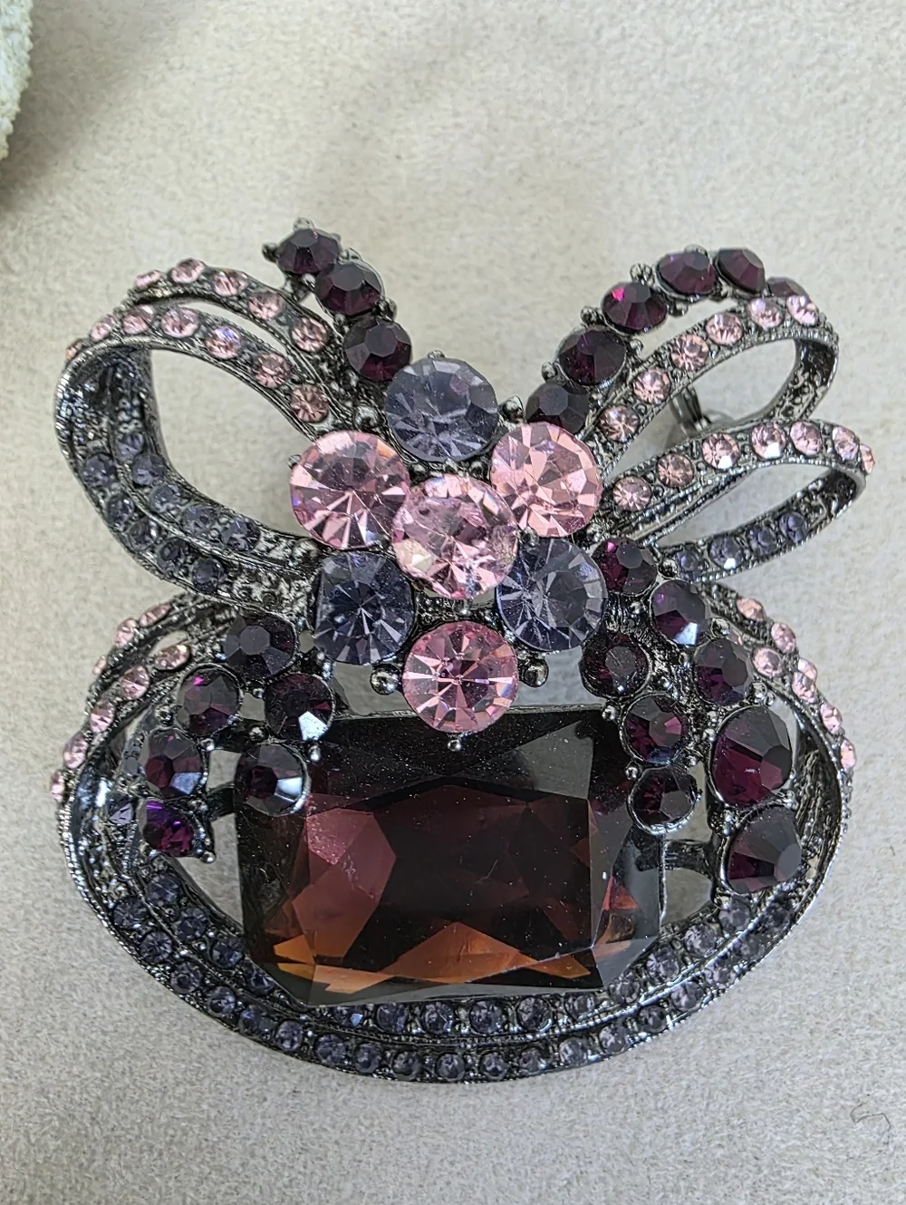 Purple & Pink Rhinestone Bow Brooch – Gunmetal Tone Statement Pin